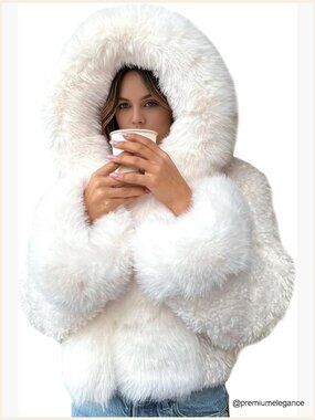 Faux Fur Cropped Hoodie Jacket Winter Warm Short Coat with Pockets